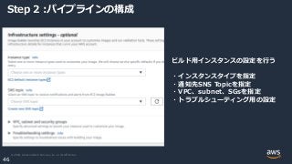 © 2020, Amazon Web Services, Inc. or its Affiliates.
46
Step 2 :パイプラインの構成
ビルド用インスタンスの設定を行う
・インスタンスタイプを指定
・通知先SNS Topicを指定
・VPC、subnet、SGsを指定
・トラブルシューティング用の設定
 