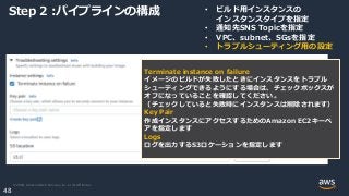 © 2020, Amazon Web Services, Inc. or its Affiliates.
48
Step 2 :パイプラインの構成 • ビルド用インスタンスの
インスタンスタイプを指定
• 通知先SNS Topicを指定
• VPC、subnet、SGsを指定
• トラブルシューティング用の設定
Terminate instance on failure
イメージのビルドが失敗したときにインスタンスをトラブル
シューティングできるようにする場合は、チェックボックスが
オフになっていることを確認してください。
（チェックしていると失敗時にインスタンスは削除されます）
Key Pair
作成インスタンスにアクセスするためのAmazon EC2キーペ
アを指定します
Logs
ログを出力するS3ロケーションを指定します
 