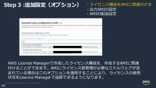 © 2020, Amazon Web Services, Inc. or its Affiliates.
50
Step 3 :追加設定（オプション） ・ライセンス構成をAMIに関連付ける
・出力AMIの設定
・AMIの配信設定
AWS License Managerで作成したライセンス構成を、作成するAMIに関連
付けることができます。AMIにライセンス数管理が必要なミドルウェアが含
まれている場合はこのオプションを適用することにより、ライセンスの使用
状況をLisence Managerで追跡できるようになります。
 