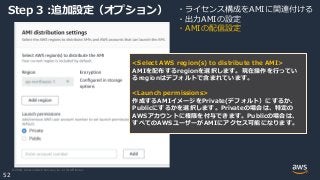 © 2020, Amazon Web Services, Inc. or its Affiliates.
52
Step 3 :追加設定（オプション） ・ライセンス構成をAMIに関連付ける
・出力AMIの設定
・AMIの配信設定
<Select AWS region(s) to distribute the AMI>
AMIを配布するregionを選択します。現在操作を行ってい
るregionはデフォルトで含まれています。
<Launch permissions>
作成するAMIイメージをPrivate(デフォルト）にするか、
Publicにするかを選択します。Privateの場合は、特定の
AWSアカウントに権限を付与できます。Publicの場合は、
すべてのAWSユーザーがAMIにアクセス可能になります。
 