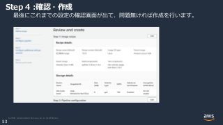 © 2020, Amazon Web Services, Inc. or its Affiliates.
53
Step 4 :確認・作成
最後にこれまでの設定の確認画面が出て、問題無ければ作成を行います。
 