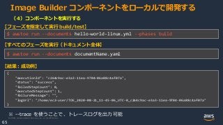 © 2020, Amazon Web Services, Inc. or its Affiliates.
65
Image Builder コンポーネントをローカルで開発する
（４）コンポーネントを実行する
$ awstoe run --documents hello-world-linux.yml --phases build
{
"executionId": "c264c9ac-e3a3-11ea-9704-06a88c4af07a",
"status": "success",
"failedStepCount": 0,
"executedStepCount": 1,
"failureMessage": "",
"logUrl": "/home/ec2-user/TOE_2020-08-21_11-45-06_UTC-0_c264c9ac-e3a3-11ea-9704-06a88c4af07a"
}
【フェーズを指定して実行 build/test】
$ awstoe run --documents documentName.yaml
【すべてのフェーズを実行（ドキュメント全体】
【結果：成功例】
※ --trace を使うことで、トレースログを出力可能
 