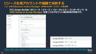 © 2020, Amazon Web Services, Inc. or its Affiliates.
73
リソースを他アカウントや組織で共有する
（２）AWS Resource Access Manager（AW​​S RAM）でリソースを共有
EC2 Image Builder のリソース（イメージ / イメージレシピ / コンポーネント）は
AWS Resource Access Manager を使ってのアカウント間の共有が可能です。
https://docs.aws.amazon.com/imagebuilder/latest/userguide/image-builder-resource-sharing.html
 