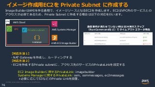 © 2020, Amazon Web Services, Inc. or its Affiliates.
76
イメージ作成用EC2を Private Subnet に作成する
VPC
AWS Cloud
Instance
Private subnet AWS Systems Manager
AWS EC2 Image Buider
Image BuilderはAMIを作る過程で、イメージソースとなるEC2を作成します。EC2はVPC外のサービスとの
アクセスが必須であるため、Private Subnet に作成する場合は以下の対応を行います。
【対応方法１】
・NAT Gatewayを作成し、ルーティングする
【対応方法２】
・EC2を作成するPrivate subnetに、アクセス先のサービスのPrivateLinkを設定する
EC2 Image Builderに関するPrivateLink: imagebuilder
Systems Managerに関するPrivateLink: ssm, ssmmessages, ec2messages
＋必要に応じてS3などのPrivate Linkを設置。
通信要件が満たせていない時はSSM実行ステップ
（RunCommandなど）でタイムアウトエラーが発生
 