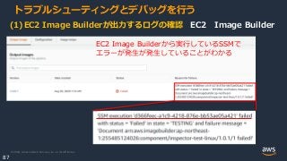 © 2020, Amazon Web Services, Inc. or its Affiliates.
87
トラブルシューティングとデバッグを行う
(1)EC2 Image Builderが出力するログの確認 EC2 Image Builder
EC2 Image Builderから実行しているSSMで
エラーが発生が発生していることがわかる
 