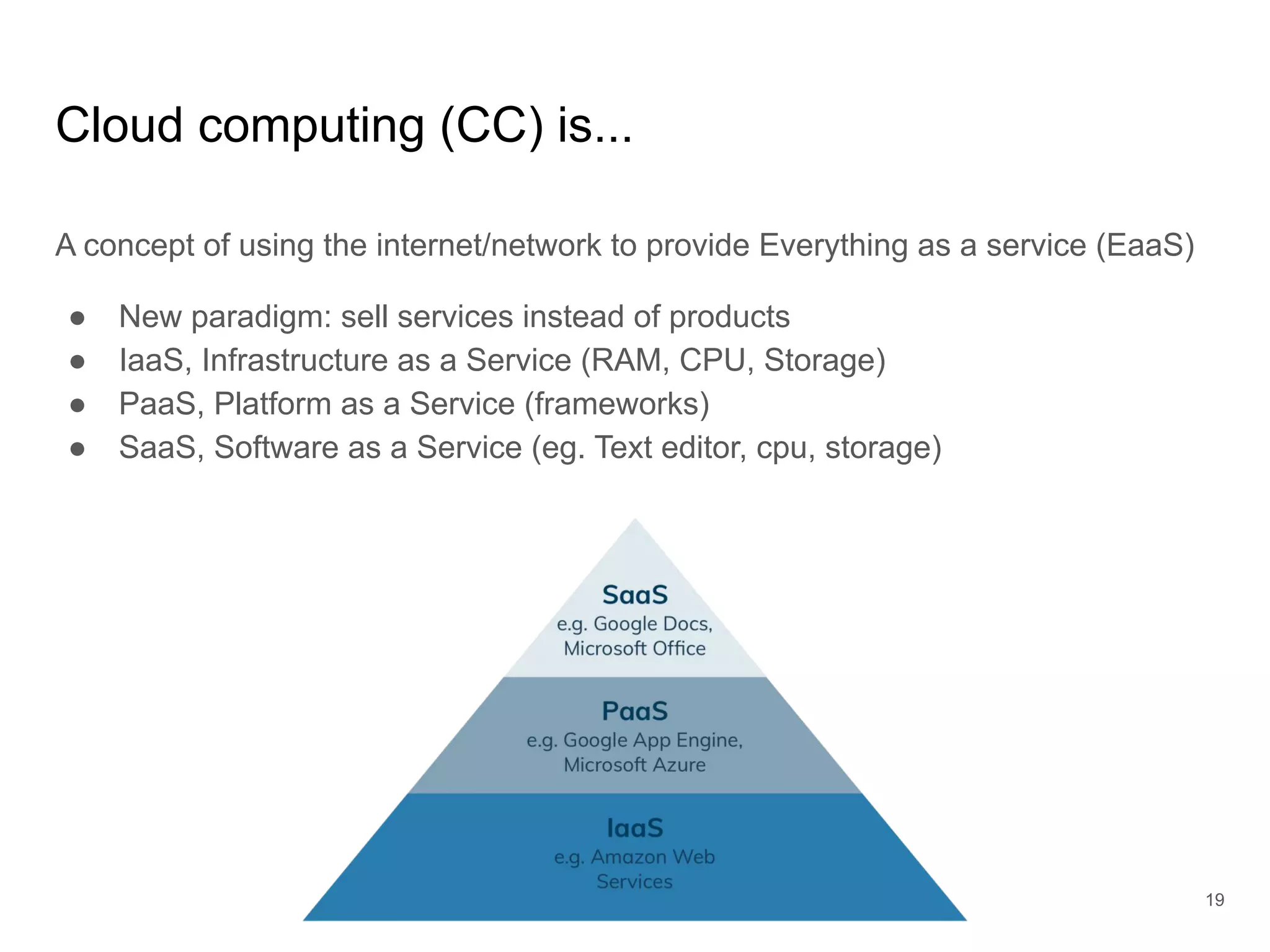Cloud computing (CC) is...
A concept of using the internet/network to provide Everything as a service (EaaS)
● New paradigm: sell services instead of products
● IaaS, Infrastructure as a Service (RAM, CPU, Storage)
● PaaS, Platform as a Service (frameworks)
● SaaS, Software as a Service (eg. Text editor, cpu, storage)
19
 