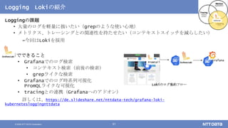 © 2020 NTT DATA Corporation 31
Logging Lokiの紹介
Loggingの課題
• 大量のログを軽量に扱いたい（grepのような使い心地）
• メトリクス、トレーシングとの関連性を持たせたい（コンテキストスイッチを減らしたい）
→今回はLokiを採用
Lokiでできること
• Grafanaでのログ検索
• コンテキスト検索（前後の検索）
• grepライクな検索
• Grafanaでのログ時系列可視化
PromQLライクな可視化
• tracingとの連携（Grafanaへのアドオン）
詳しくは、https://de.slideshare.net/nttdata-tech/grafana-loki-
kubernetesloggingnttdata
Grafana
Promtail
Lokiのログ集約フロー
 