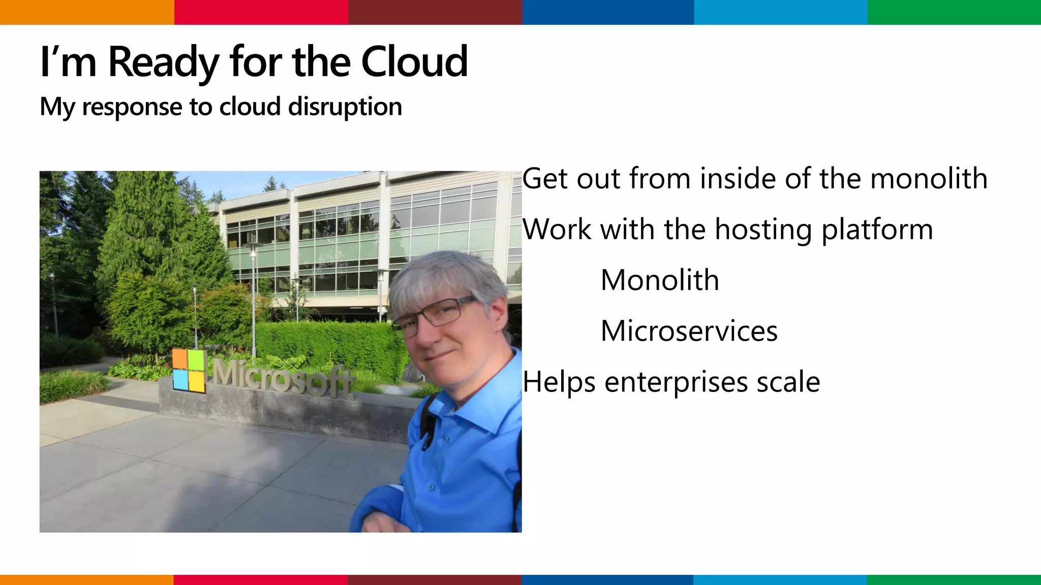 I’m Ready for the Cloud
My response to cloud disruption
Get out from inside of the monolith
Work with the hosting platform
Monolith
Microservices
Helps enterprises scale
 