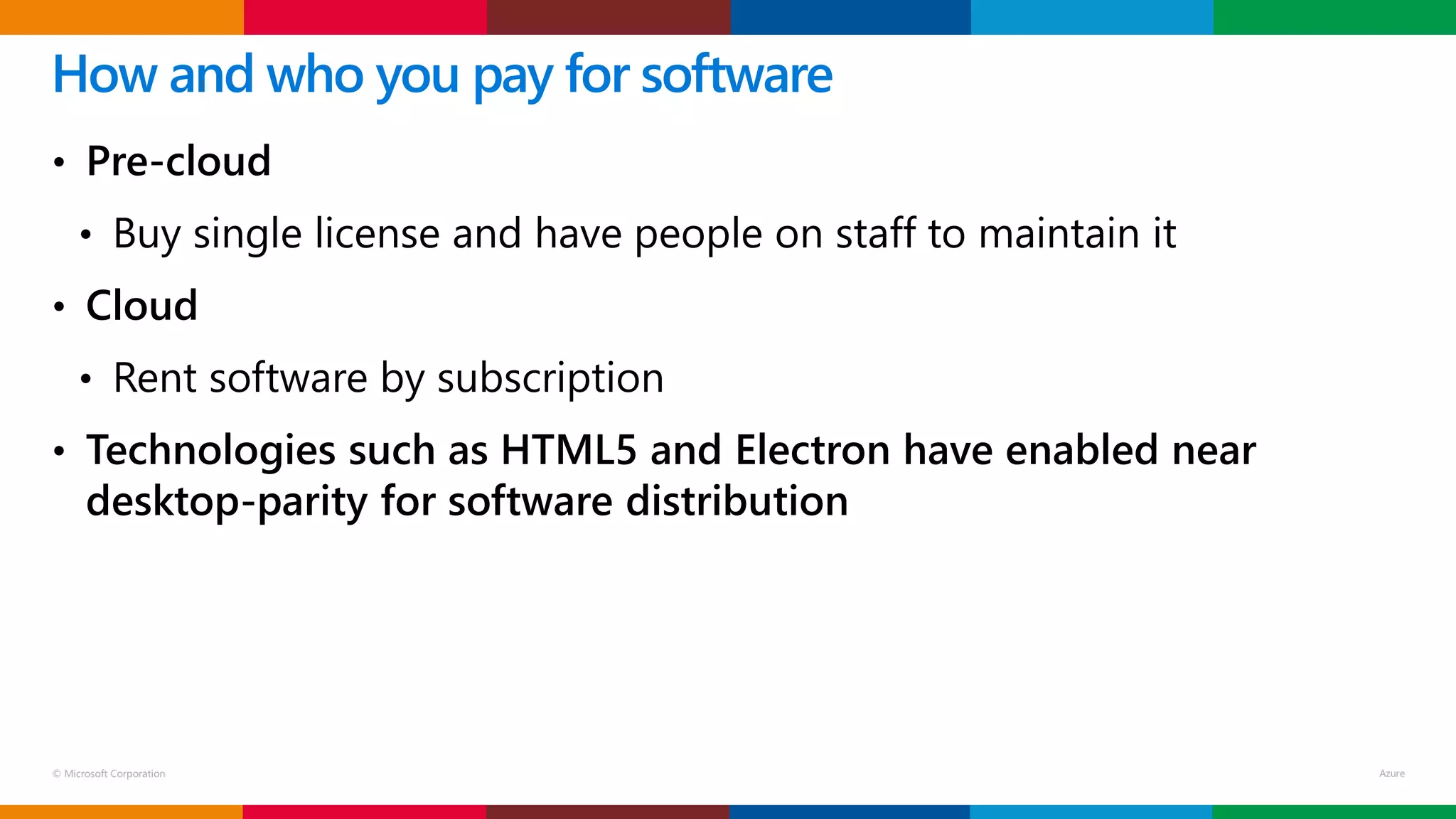 © Microsoft Corporation
• Pre-cloud
• Buy single license and have people on staff to maintain it
• Cloud
• Rent software by subscription
• Technologies such as HTML5 and Electron have enabled near
desktop-parity for software distribution
How and who you pay for software
 