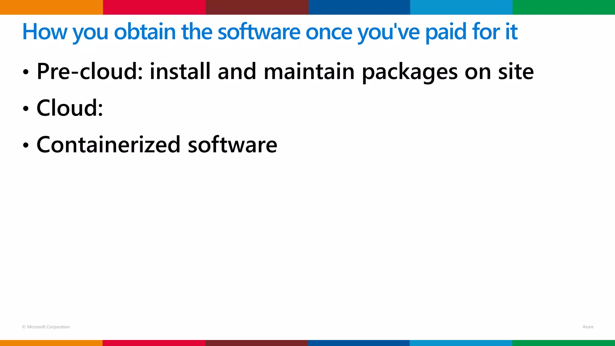 © Microsoft Corporation
• Pre-cloud: install and maintain packages on site
• Cloud:
• Containerized software
How you obtain the software once you've paid for it
 