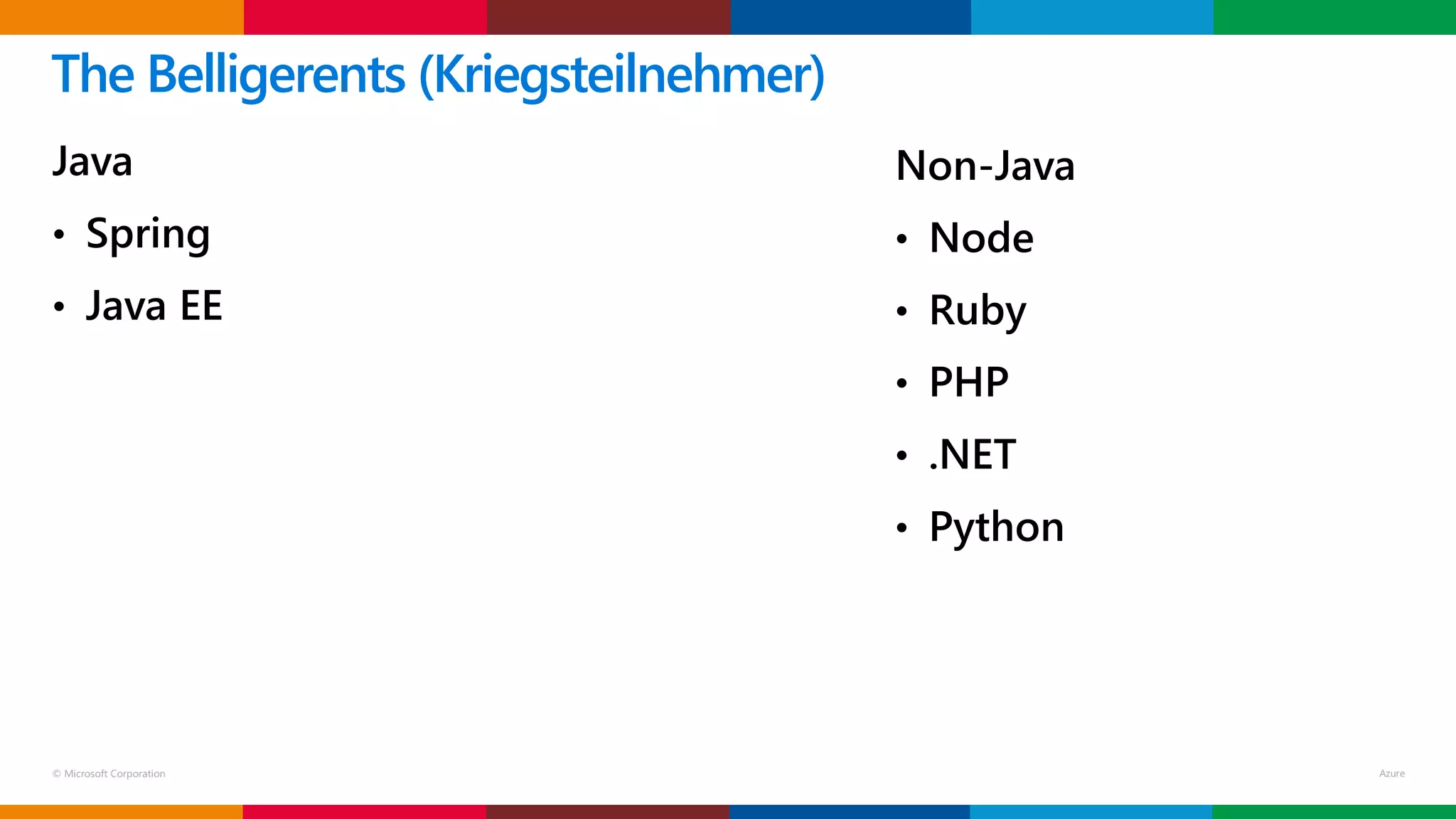 © Microsoft Corporation
Java
• Spring
• Java EE
The Belligerents (Kriegsteilnehmer)
Non-Java
• Node
• Ruby
• PHP
• .NET
• Python
 