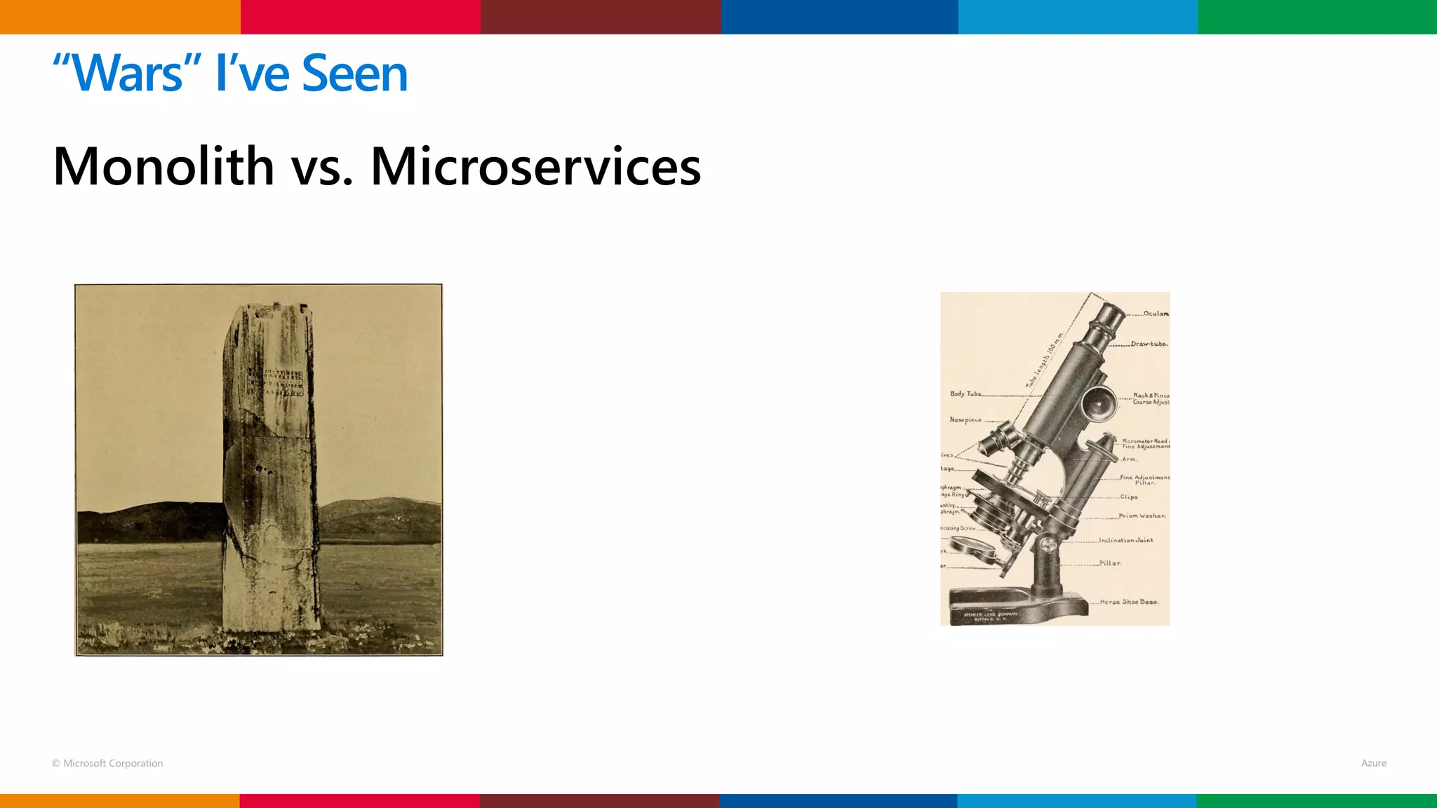 © Microsoft Corporation
Monolith vs. Microservices
“Wars” I’ve Seen
 