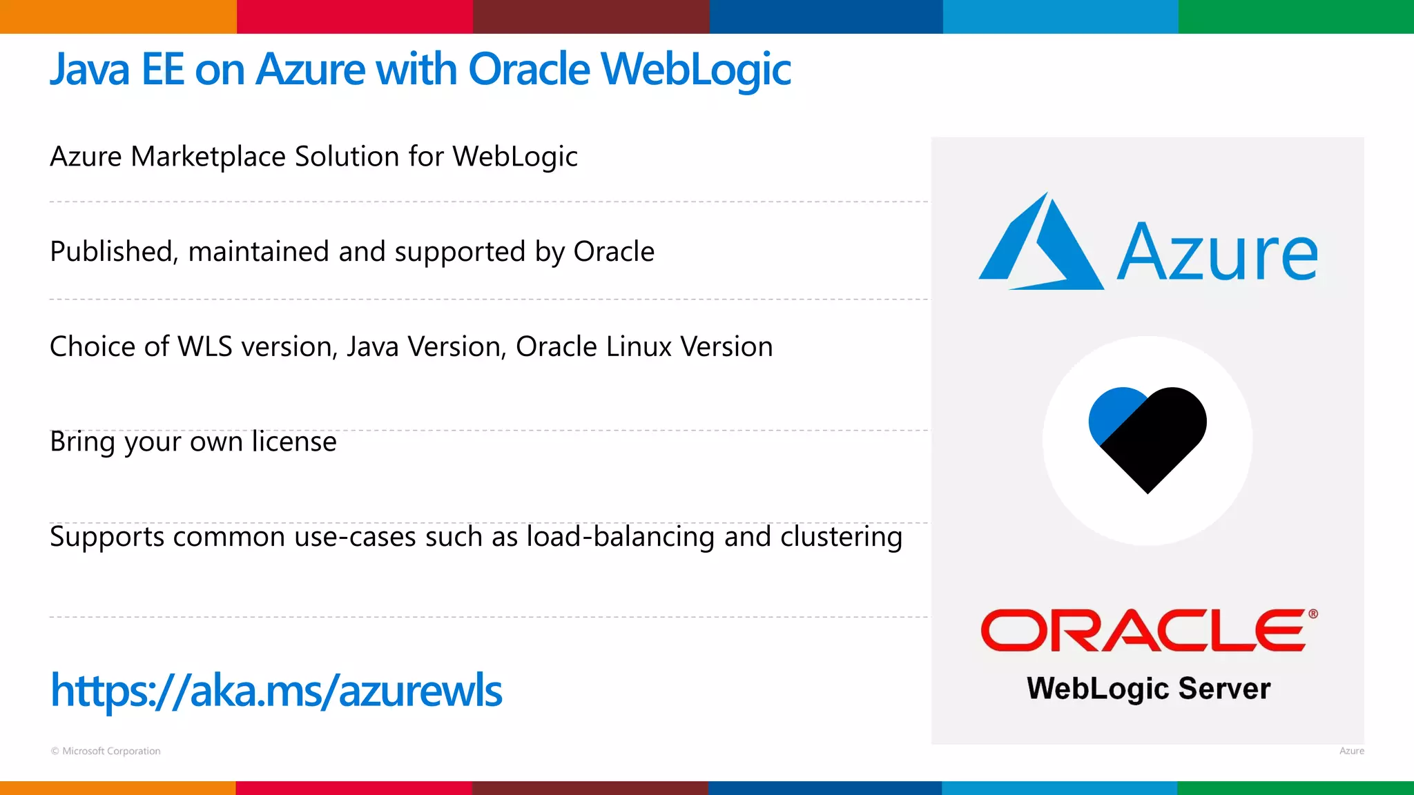 © Microsoft Corporation
Java EE on Azure with Oracle WebLogic
Azure Marketplace Solution for WebLogic
Published, maintained and supported by Oracle
Choice of WLS version, Java Version, Oracle Linux Version
Bring your own license
Supports common use-cases such as load-balancing and clustering
https://aka.ms/azurewls
 