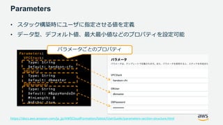 © 2020, Amazon Web Services, Inc. or its Affiliates. All rights reserved.
Parameters
• スタック構築時にユーザに指定させる値を定義
• データ型、デフォルト値、最大最小値などのプロパティを設定可能
Parameters:
VPCStack:
Type: String
Default: handson-cfn
DBUser:
Type: String
Default: dbmaster
DBPassword:
Type: String
Default: H&ppyHands0n
MinLength: 8
NoEcho: true
パラメータごとのプロパティ
https://docs.aws.amazon.com/ja_jp/AWSCloudFormation/latest/UserGuide/parameters-section-structure.html
 