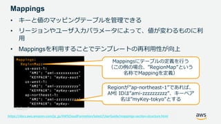 © 2020, Amazon Web Services, Inc. or its Affiliates. All rights reserved.
Mappings
• キーと値のマッピングテーブルを管理できる
• リージョンやユーザ入力パラメータによって、値が変わるものに利
用
• Mappingsを利用することでテンプレートの再利用性が向上
Mappings:
RegionMap:
us-east-1:
"AMI": "ami-xxxxxxxxxx"
"KEYPAIR": "myKey-east"
us-west-1:
"AMI": "ami-yyyyyyyyyy"
"KEYPAIR": "myKey-west”
ap-northeast-1:
"AMI": "ami-zzzzzzzzzz"
"KEYPAIR": "myKey-
tokyo"
Mappingsにテーブルの定義を行う
（この例の場合、”RegionMap”という
名称でMappingを定義）
Regionが”ap-northeast-1”であれば、
AMI IDは”ami-zzzzzzzzzz”、キーペア
名は”myKey-tokyo”とする
https://docs.aws.amazon.com/ja_jp/AWSCloudFormation/latest/UserGuide/mappings-section-structure.html
 