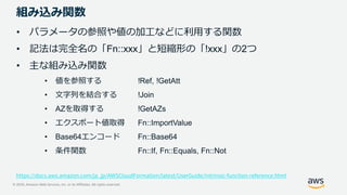 © 2020, Amazon Web Services, Inc. or its Affiliates. All rights reserved.
組み込み関数
• パラメータの参照や値の加工などに利用する関数
• 記法は完全名の「Fn::xxx」と短縮形の「!xxx」の2つ
• 主な組み込み関数
• 値を参照する !Ref, !GetAtt
• 文字列を結合する !Join
• AZを取得する !GetAZs
• エクスポート値取得 Fn::ImportValue
• Base64エンコード Fn::Base64
• 条件関数 Fn::If, Fn::Equals, Fn::Not
https://docs.aws.amazon.com/ja_jp/AWSCloudFormation/latest/UserGuide/intrinsic-function-reference.html
 