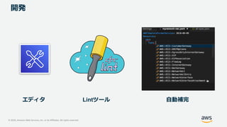 © 2020, Amazon Web Services, Inc. or its Affiliates. All rights reserved.
開発
エディタ Lintツール 自動補完
 