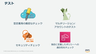 © 2020, Amazon Web Services, Inc. or its Affiliates. All rights reserved.
テスト
型定義等の厳密なチェック
独自に定義したポリシーへの
適合性をチェック
セキュリティチェック
マルチリージョン/
アカウントのテスト
 