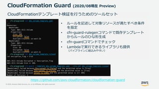 © 2020, Amazon Web Services, Inc. or its Affiliates. All rights reserved.
CloudFormation Guard (2020/08現在 Preview)
CloudFormationテンプレート検証を行うためのツールセット
https://github.com/aws-cloudformation/cloudformation-guard
• ルールを記述して対象リソースが満たすべき条件
を指定
• cfn-guard-rulegenコマンドで既存テンプレート
からルールのひな形生成
• cfn-guardコマンドでチェック
• Lambdaで実行できるライブラリも提供
（パイプラインに組込みやすい）
 