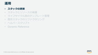 © 2020, Amazon Web Services, Inc. or its Affiliates. All rights reserved.
運用
• スタックの更新
• スタックとリソースの保護
• ライフサイクル別のテンプレート管理
• 既存スタックのリファクタリング
• ヘルパースクリプト
• Dynamic Reference
 