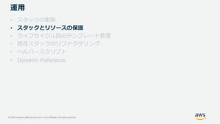 © 2020, Amazon Web Services, Inc. or its Affiliates. All rights reserved.
運用
• スタックの更新
• スタックとリソースの保護
• ライフサイクル別のテンプレート管理
• 既存スタックのリファクタリング
• ヘルパースクリプト
• Dynamic Reference
 