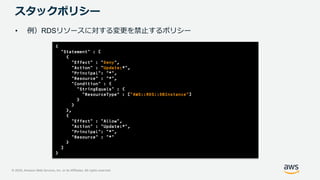 © 2020, Amazon Web Services, Inc. or its Affiliates. All rights reserved.
• 例）RDSリソースに対する変更を禁止するポリシー
スタックポリシー
{
"Statement" : [
{
"Effect" : "Deny",
"Action" : "Update:*",
"Principal": "*",
"Resource" : "*",
"Condition" : {
"StringEquals" : {
"ResourceType" : ["AWS::RDS::DBInstance"]
}
}
},
{
"Effect" : "Allow",
"Action" : "Update:*",
"Principal": "*",
"Resource" : "*"
}
]
}
 