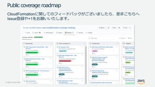© 2020, Amazon Web Services, Inc. or its Affiliates. All rights reserved.
Public coverage roadmap
CloudFormationに関してのフィードバックがございましたら、是非こちらへ
Issue登録や+1をお願いいたします。
 