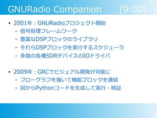 GNURadio Companion (9:00)
● 2001年：GNURadioプロジェクト開始
– 信号処理フレームワーク
– 豊富なDSPブロックのライブラリ
– それらDSPブロックを実行するスケジューラ
– 多数の各種SDRデバイスのIOドライバ
● 2009年：GRCでビジュアル開発が可能に
– フローグラフを描いて機能ブロックを連結
– 図からPythonコードを生成して実行・検証
 