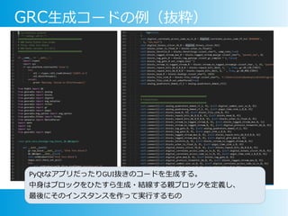 GRC生成コードの例（抜粋）
PyQtなアプリだったりGUI抜きのコードを生成する。
中身はブロックをひたすら生成・結線する親ブロックを定義し、
最後にそのインスタンスを作って実行するもの
 