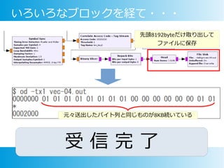 いろいろなブロックを経て・・・
先頭8192byteだけ取り出して
ファイルに保存
受 信 完 了
元々送出したバイト列と同じものが8KB続いている
 