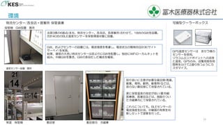 環境
12
物流センター/各支店・営業所 保管倉庫
常温 保管棚 薬品室 薬品室内 冷蔵庫
北陸3県の6拠点(本社、物流センター、各支店、各営業所)合わせて、18台のGWを設置。
合計40台のBLE温度センサーを保管環境対象に設置。
保管棚 GW設置 箇所
温度センサー設置 箇所
GW、およびセンサーの設置には、電波環境を考慮し、電波状況の簡易的な計測(サイト
サーベイ)を実施。
結果、建屋の大きい物流センターは窓よりにGWを配置し、独自にWiFiローカルネットを
組み、中継GWを置き、GWの多段化した構成を構築。
取り扱いに注意が必要な薬品類(毒薬、
劇薬、毒物、劇物、劇毒物)などは、
窓のない薬品室にて保管されている。
更に保管温度の指定が低い(要冷蔵)
医療器、医薬品などは、施錠のつい
た冷蔵庫内にて保管されている。
これらについても、BLEセンサーの
電波強度を計測、中継器の有無を判
断しセットで提案を行った。
可搬型クーラーボックス
GPS温度センサーは 京セラ様の
センサーを使用。
ソラコムエンドポイントへの送信
と温度、GPSのみ、収集周期を時
間帯を分けて2通り持つようにカ
スタマイズ。
 