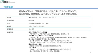会社概要
組込みソフトウェア開発に特化した独立系ソフトウェアハウス。
民生家電品、産業機器、カーエレクトロニクスと多分野に寄与。
会社名 株式会社金沢エンジニアリングシステムズ
代表取締役 西川 修
本社 石川県金沢市朝霧台２－１４８
資本金 ２０，０００，０００円
従業員数 １４３名
事業内容 民生／住設ソフトウェア事業
ＰＣモニター、デジタルテレビ、家庭用給湯器、エコキュート
ＦＡ機器／ＯＡ機器ソフトウェア事業
ＣＮＣ加工機、プログラマブル表示器、画像処理検査装置、業務用プリンター、決済端末
カーエレクトロニクス ソフトウェア事業
カーオーディオ、カーナビゲーション、ハイブリッドバッテリー、
ビークル・スタビリティ・コントロール、トランスミッション制御
環境エネルギー事業
廃食油・バイオマス ２系統燃料供給制御システム
ＩｏＴ事業
ＦＡ向けＩｏＴゲートウェイ、産業機器向けＩｏＴゲートウェイ
エッジデバイス、クラウドサービス、通信事業
4
 