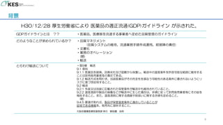 8
背景
H30/12/28 厚生労働省により 医薬品の適正流通(GDP)ガイドライン が示された。
GDPガイドラインとは ？？ ・医薬品、医療器を流通する事業者へ定めた品質管理のガイドライン
どのようなことが求められているか？ ・品質マネジメント
(品質システムの維持、流通業務手順作成運用、経営陣の責任)
・文書化
・業務のオペレーション
(略)
・輸送
とりわけ輸送について ・第9章 輸送
9.1 原則
9.1.1 医薬品を破損、品質劣化及び盗難から保護し、輸送中の温度条件を許容可能な範囲に維持する
ことは卸売販売業者等の責任である。
9.1.2 輸送方式を問わず、当該医薬品がその完全性を損なう可能性のある条件に曝されないようにリ
スクに基づき証明すること。
9.2 輸送
9.2.1 外装又は包装に記載された保管条件が輸送中も維持されていること。
9.2.2 温度逸脱や製品の損傷などが輸送中に生じた場合は、手順に従って卸売販売業者等にその旨を
報告すること。また、温度逸脱に関する調査や取扱いに関する手順も定めること。
(略)
9.4.5 要請があれば、製品が保管温度条件に適合していることが
証明できる情報を、販売先に提供すること。
大阪府健康医療部薬務課 発行 解説書 抜粋
 