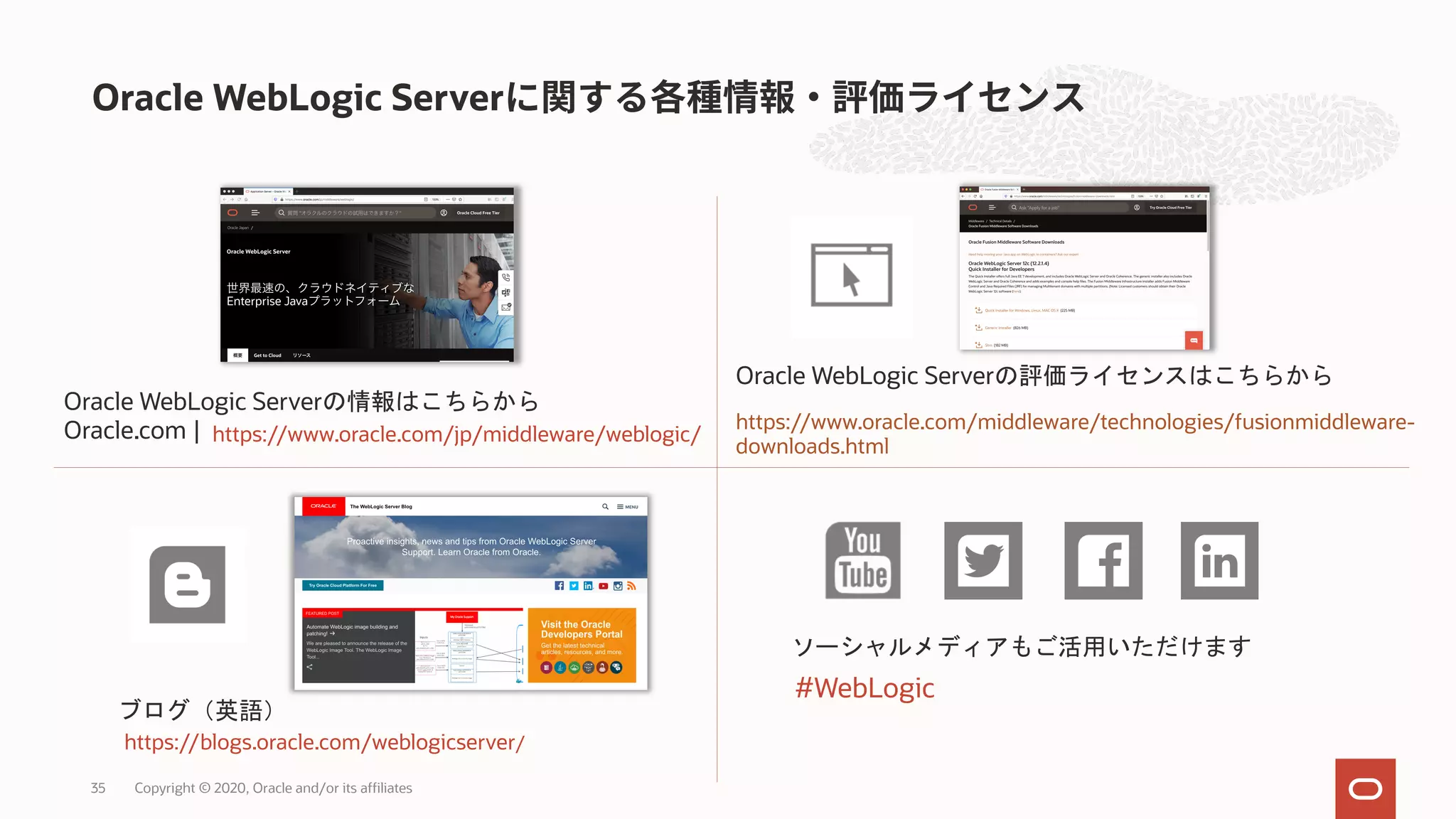 Oracle WebLogic Server Copyright © 2020, Oracle and/or its affiliates35 Oracle WebLogic Serverの評価ライセンスはこちらから https://www.oracle.com/middleware/technologies/fusionmiddleware- downloads.html ブログ（英語） https://blogs.oracle.com/weblogicserver/ ソーシャルメディアもご活用いただけます #WebLogic Oracle WebLogic Serverの情報はこちらから Oracle.com | https://www.oracle.com/jp/middleware/weblogic/ 