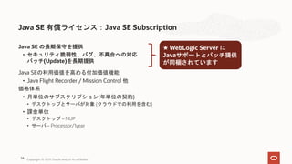 Java SE 有償ライセンス：Java SE Subscription
Java SE の長期保守を提供
• セキュリティ脆弱性、バグ、不具合への対応
パッチ(Update)を長期提供
Java SEの利用価値を高める付加価値機能
• Java Flight Recorder / Mission Control 他
価格体系
• 月単位のサブスクリプション(年単位の契約)
• デスクトップとサーバが対象 (クラウドでの利用を含む)
• 課金単位
• デスクトップ – NUP
• サーバ – Processor/1year
★ WebLogic Server に
Javaサポートとパッチ提供
が同梱されています
Copyright © 2019 Oracle and/or its affiliates.24
 