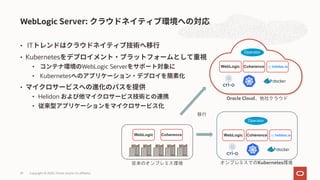 • IT
• Kubernetes
• WebLogic Server
• Kubernetes
•
• Helidon
•
WebLogic Server:
Copyright © 2020, Oracle and/or its affiliates29
WebLogic Coherence
従来のオンプレミス環境 オンプレミスでのKubernetes環境
Operator
移行
Oracle Cloud、他社クラウド
Operator
WebLogic Coherence
WebLogic Coherence
 