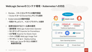 • Docker CRI-O
• Docker /Dockerfiles/
• Kubernetes
•
•
• : WebLogic Kubernetes Operator
• : Exporter for Prometheus
• : Exporter for Elastic Stack
• : WebLogic Image Tool
• : Deploy tooling
• WebLogic Server
WebLogic Server Kubernetes
Copyright © 2020, Oracle and/or its affiliates30
Traditional Applications
Open Operating Systems
Cloud Native Environment
Public Cloud Private Cloud
Operator
 