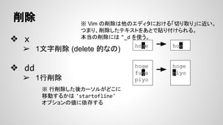 ❖ x
➢ 1文字削除 (delete 的なの)
❖ dd
➢ 1行削除
hoge hoe
hoge
fuga
piyo
hoge
piyo
削除
※ 行削除した後カーソルがどこに
移動するかは 'startofline'
オプションの値に依存する
※ Vim の削除は他のエディタにおける「切り取り」に近い。
つまり、削除したテキストをあとで貼り付けられる。
本当の削除には "_d を使う。
 