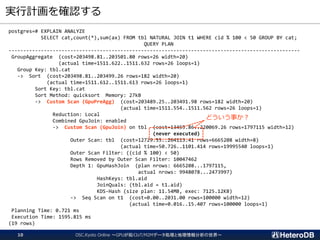 実行計画を確認する
OSC.Kyoto Online ～GPUが拓くIoT/M2Mデータ処理と地理情報分析の世界～10
postgres=# EXPLAIN ANALYZE
SELECT cat,count(*),sum(ax) FROM tbl NATURAL JOIN t1 WHERE cid % 100 < 50 GROUP BY cat;
QUERY PLAN
---------------------------------------------------------------------------------------------------
GroupAggregate (cost=203498.81..203501.80 rows=26 width=20)
(actual time=1511.622..1511.632 rows=26 loops=1)
Group Key: tbl.cat
-> Sort (cost=203498.81..203499.26 rows=182 width=20)
(actual time=1511.612..1511.613 rows=26 loops=1)
Sort Key: tbl.cat
Sort Method: quicksort Memory: 27kB
-> Custom Scan (GpuPreAgg) (cost=203489.25..203491.98 rows=182 width=20)
(actual time=1511.554..1511.562 rows=26 loops=1)
Reduction: Local
Combined GpuJoin: enabled
-> Custom Scan (GpuJoin) on tbl (cost=13455.86..220069.26 rows=1797115 width=12)
(never executed)
Outer Scan: tbl (cost=12729.55..264113.41 rows=6665208 width=8)
(actual time=50.726..1101.414 rows=19995540 loops=1)
Outer Scan Filter: ((cid % 100) < 50)
Rows Removed by Outer Scan Filter: 10047462
Depth 1: GpuHashJoin (plan nrows: 6665208...1797115,
actual nrows: 9948078...2473997)
HashKeys: tbl.aid
JoinQuals: (tbl.aid = t1.aid)
KDS-Hash (size plan: 11.54MB, exec: 7125.12KB)
-> Seq Scan on t1 (cost=0.00..2031.00 rows=100000 width=12)
(actual time=0.016..15.407 rows=100000 loops=1)
Planning Time: 0.721 ms
Execution Time: 1595.815 ms
(19 rows)
どういう事か？
 