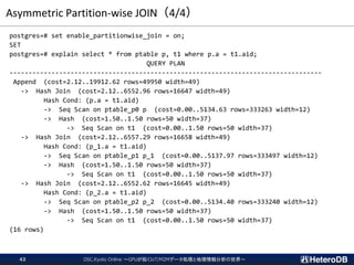 Asymmetric Partition-wise JOIN（4/4）
postgres=# set enable_partitionwise_join = on;
SET
postgres=# explain select * from ptable p, t1 where p.a = t1.aid;
QUERY PLAN
----------------------------------------------------------------------------------
Append (cost=2.12..19912.62 rows=49950 width=49)
-> Hash Join (cost=2.12..6552.96 rows=16647 width=49)
Hash Cond: (p.a = t1.aid)
-> Seq Scan on ptable_p0 p (cost=0.00..5134.63 rows=333263 width=12)
-> Hash (cost=1.50..1.50 rows=50 width=37)
-> Seq Scan on t1 (cost=0.00..1.50 rows=50 width=37)
-> Hash Join (cost=2.12..6557.29 rows=16658 width=49)
Hash Cond: (p_1.a = t1.aid)
-> Seq Scan on ptable_p1 p_1 (cost=0.00..5137.97 rows=333497 width=12)
-> Hash (cost=1.50..1.50 rows=50 width=37)
-> Seq Scan on t1 (cost=0.00..1.50 rows=50 width=37)
-> Hash Join (cost=2.12..6552.62 rows=16645 width=49)
Hash Cond: (p_2.a = t1.aid)
-> Seq Scan on ptable_p2 p_2 (cost=0.00..5134.40 rows=333240 width=12)
-> Hash (cost=1.50..1.50 rows=50 width=37)
-> Seq Scan on t1 (cost=0.00..1.50 rows=50 width=37)
(16 rows)
OSC.Kyoto Online ～GPUが拓くIoT/M2Mデータ処理と地理情報分析の世界～43
 