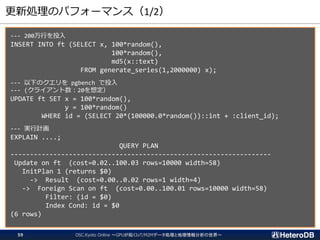 更新処理のパフォーマンス（1/2）
--- 200万行を投入
INSERT INTO ft (SELECT x, 100*random(),
100*random(),
md5(x::text)
FROM generate_series(1,2000000) x);
--- 以下のクエリを pgbench で投入
--- (クライアント数：20を想定）
UPDATE ft SET x = 100*random(),
y = 100*random()
WHERE id = (SELECT 20*(100000.0*random())::int + :client_id);
--- 実行計画
EXPLAIN ....;
QUERY PLAN
-------------------------------------------------------------------
Update on ft (cost=0.02..100.03 rows=10000 width=58)
InitPlan 1 (returns $0)
-> Result (cost=0.00..0.02 rows=1 width=4)
-> Foreign Scan on ft (cost=0.00..100.01 rows=10000 width=58)
Filter: (id = $0)
Index Cond: id = $0
(6 rows)
OSC.Kyoto Online ～GPUが拓くIoT/M2Mデータ処理と地理情報分析の世界～59
 