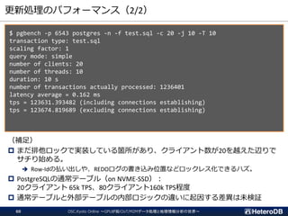 更新処理のパフォーマンス（2/2）
$ pgbench -p 6543 postgres -n -f test.sql -c 20 -j 10 -T 10
transaction type: test.sql
scaling factor: 1
query mode: simple
number of clients: 20
number of threads: 10
duration: 10 s
number of transactions actually processed: 1236401
latency average = 0.162 ms
tps = 123631.393482 (including connections establishing)
tps = 123674.819689 (excluding connections establishing)
（補足）
 まだ排他ロックで実装している箇所があり、クライアント数が20を越えた辺りで
サチり始める。
➔ Row-Idの払い出しや、REDOログの書き込み位置などロックレス化できるハズ。
 PostgreSQLの通常テーブル（on NVME-SSD）：
20クライアント 65k TPS、80クライアント160k TPS程度
 通常テーブルと外部テーブルの内部ロジックの違いに起因する差異は未検証
OSC.Kyoto Online ～GPUが拓くIoT/M2Mデータ処理と地理情報分析の世界～60
 