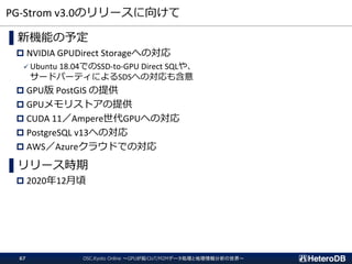 PG-Strom v3.0のリリースに向けて
▌新機能の予定
 NVIDIA GPUDirect Storageへの対応
✓ Ubuntu 18.04でのSSD-to-GPU Direct SQLや、
サードパーティによるSDSへの対応も含意
 GPU版 PostGIS の提供
 GPUメモリストアの提供
 CUDA 11／Ampere世代GPUへの対応
 PostgreSQL v13への対応
 AWS／Azureクラウドでの対応
▌リリース時期
 2020年12月頃
OSC.Kyoto Online ～GPUが拓くIoT/M2Mデータ処理と地理情報分析の世界～67
 