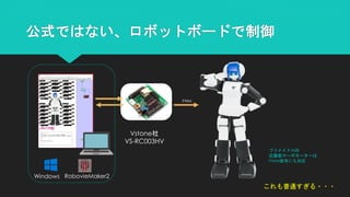 公式ではない、ロボットボードで制御
PWM
Vstone社
VS-RC003HV
Windows RobovieMaker2
プリメイドAIの
近藤製サーボモーターは
PWM信号にも対応
これも普通すぎる・・・
 