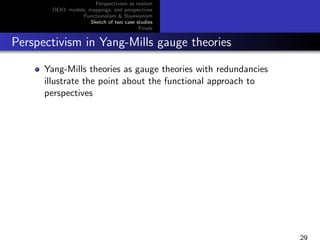 Perspectivism as realism
DEKI: models, mappings, and perspectives
Functionalism & Bayesianism
Sketch of two case studies
F...