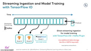 Direct streaming ingestion
for model training
with TensorFlow I/O + Kafka Plugin
(no additional data storage
like S3 or HD...