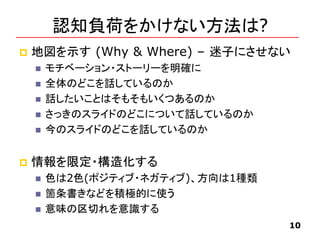 認知負荷をかけない方法は?
 地図を示す (Why & Where) – 迷子にさせない
 モチベーション・ストーリーを明確に
 全体のどこを話しているのか
 話したいことはそもそもいくつあるのか
 さっきのスライドのどこについて話しているのか
 今のスライドのどこを話しているのか
 情報を限定・構造化する
 色は2色(ポジティブ・ネガティブ)、方向は1種類
 箇条書きなどを積極的に使う
 意味の区切れを意識する
10
 