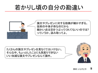 若かりし頃の自分の勘違い
5素材：いらすとや
論文やプレゼンに対する指摘が細かすぎる。
技術の中身が命なのだから
細かい点は目をつぶってくれてもいいのでは?
っていうか、汲み取ってよ。
たくさんの論文やプレゼンを見なくてはいけない。
そんな中、ちょっとしたことにも気配りできない
いい加減な論文やプレゼンなんて論外。
 