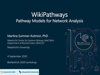 WikiPathways
Pathway Models for Network Analysis
Martina Summer-Kutmon, PhD
Maastricht Centre for Systems Biology (MaCSBio)
Department of Bioinformatics (BiGCaT)
Maastricht University
4 September 2020
BioNetVisA 2020 workshop
 