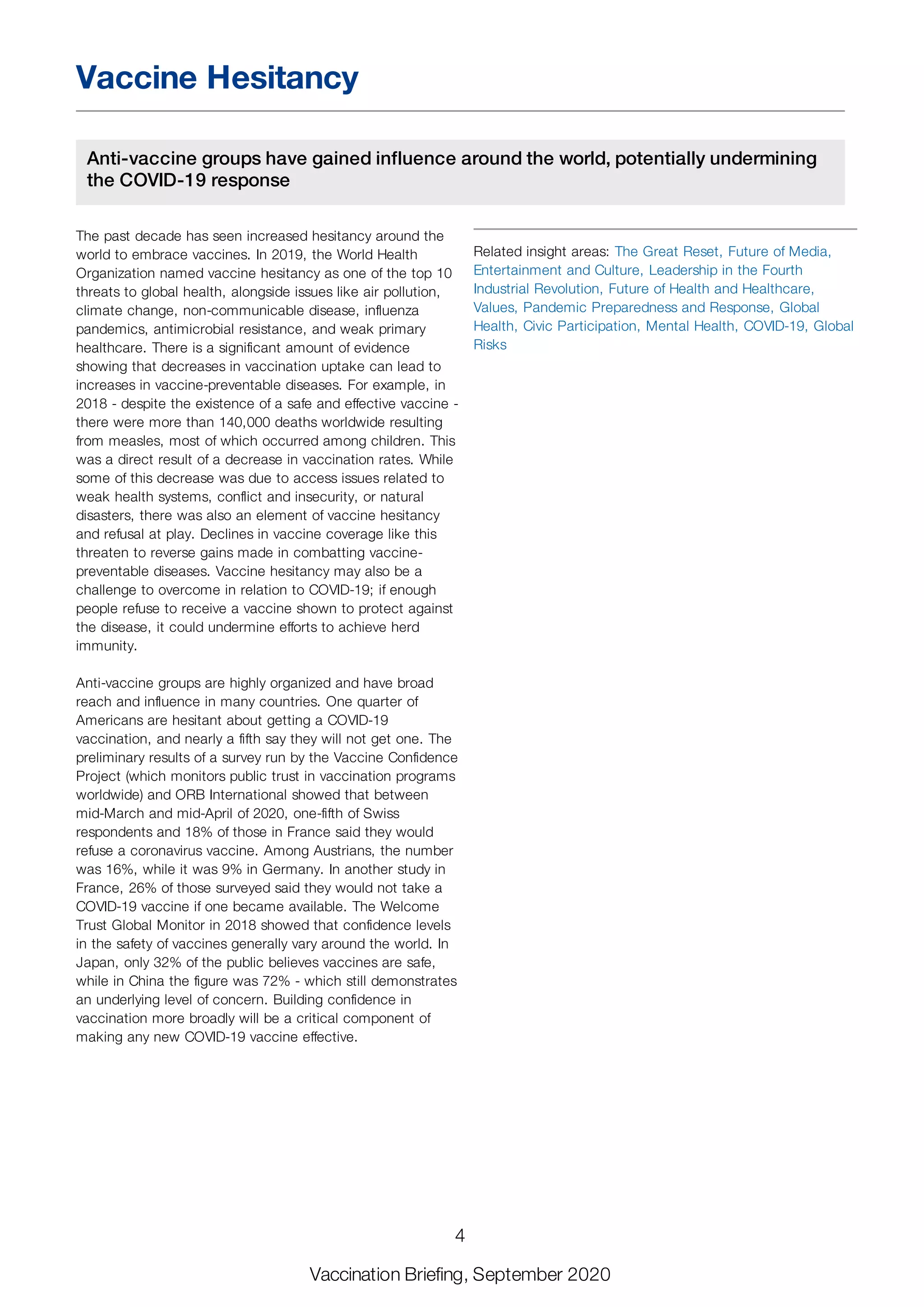 Vaccine Hesitancy
Anti-vaccine groups have gained influence around the world, potentially undermining
the COVID-19 response
The past decade has seen increased hesitancy around the
world to embrace vaccines. In 2019, the World Health
Organization named vaccine hesitancy as one of the top 10
threats to global health, alongside issues like air pollution,
climate change, non-communicable disease, influenza
pandemics, antimicrobial resistance, and weak primary
healthcare. There is a significant amount of evidence
showing that decreases in vaccination uptake can lead to
increases in vaccine-preventable diseases. For example, in
2018 - despite the existence of a safe and effective vaccine -
there were more than 140,000 deaths worldwide resulting
from measles, most of which occurred among children. This
was a direct result of a decrease in vaccination rates. While
some of this decrease was due to access issues related to
weak health systems, conflict and insecurity, or natural
disasters, there was also an element of vaccine hesitancy
and refusal at play. Declines in vaccine coverage like this
threaten to reverse gains made in combatting vaccine-
preventable diseases. Vaccine hesitancy may also be a
challenge to overcome in relation to COVID-19; if enough
people refuse to receive a vaccine shown to protect against
the disease, it could undermine efforts to achieve herd
immunity.
Anti-vaccine groups are highly organized and have broad
reach and influence in many countries. One quarter of
Americans are hesitant about getting a COVID-19
vaccination, and nearly a fifth say they will not get one. The
preliminary results of a survey run by the Vaccine Confidence
Project (which monitors public trust in vaccination programs
worldwide) and ORB International showed that between
mid-March and mid-April of 2020, one-fifth of Swiss
respondents and 18% of those in France said they would
refuse a coronavirus vaccine. Among Austrians, the number
was 16%, while it was 9% in Germany. In another study in
France, 26% of those surveyed said they would not take a
COVID-19 vaccine if one became available. The Welcome
Trust Global Monitor in 2018 showed that confidence levels
in the safety of vaccines generally vary around the world. In
Japan, only 32% of the public believes vaccines are safe,
while in China the figure was 72% - which still demonstrates
an underlying level of concern. Building confidence in
vaccination more broadly will be a critical component of
making any new COVID-19 vaccine effective.
Related insight areas: The Great Reset, Future of Media,
Entertainment and Culture, Leadership in the Fourth
Industrial Revolution, Future of Health and Healthcare,
Values, Pandemic Preparedness and Response, Global
Health, Civic Participation, Mental Health, COVID-19, Global
Risks
4
Vaccination Briefing, September 2020
 